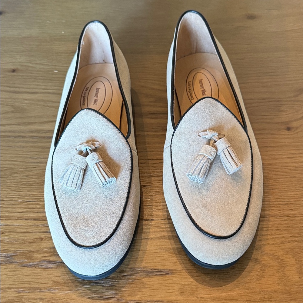 Journey West Beige Suede Loafers with Tassels